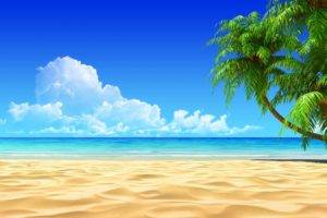 beach, Sand, Palm trees, Clouds