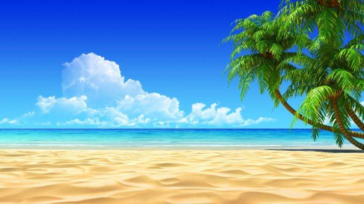 beach, Sand, Palm trees, Clouds HD Wallpaper Desktop Background