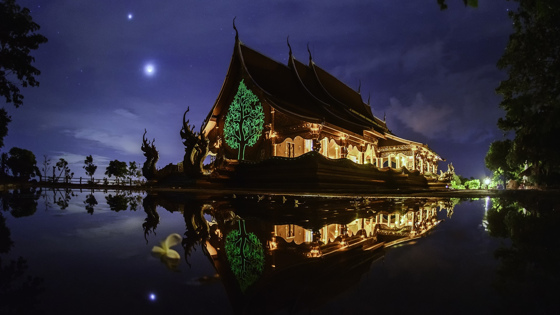 nature, Landscape, Architecture, Trees, Building, Water, Lake, Night, Asian architecture, Reflection, Dragon, Lights, Clouds, Neon Wallpaper