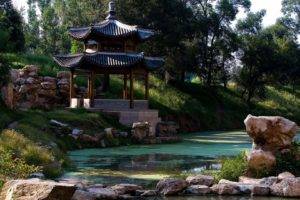 nature, Landscape, Architecture, Trees, Building, Water, Lake, Park, Asian architecture, Pagoda, Stones, Calm, Sunlight, Grass
