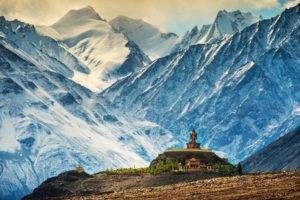 Buddha, Nature, Landscape, Architecture, Trees, Building, Himalayas, India, Monastery, Buddhism, Mountains, Hills, Snowy mountain, Sculpture, Rock, Stones