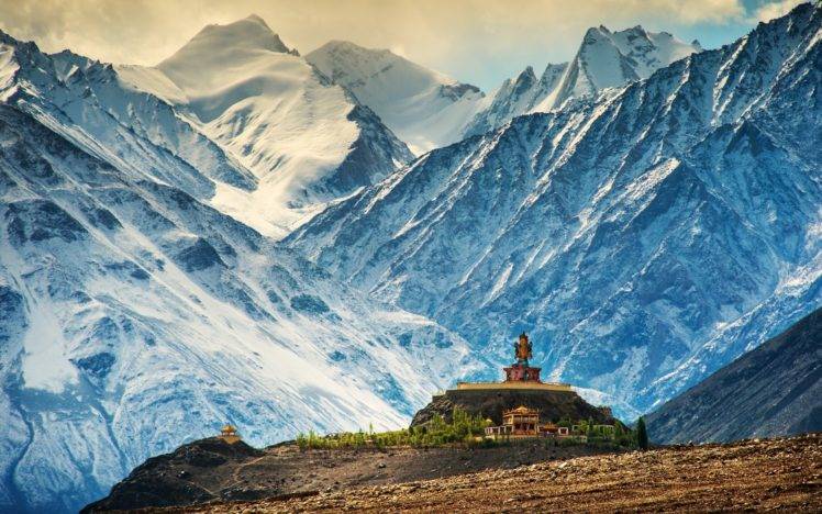 Buddha, Nature, Landscape, Architecture, Trees, Building, Himalayas, India, Monastery, Buddhism, Mountains, Hills, Snowy mountain, Sculpture, Rock, Stones HD Wallpaper Desktop Background