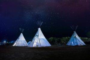 nature, Landscape, Architecture, Trees, Building, Tepee, Night, Stars, Forest, Lights, Tent, Bench