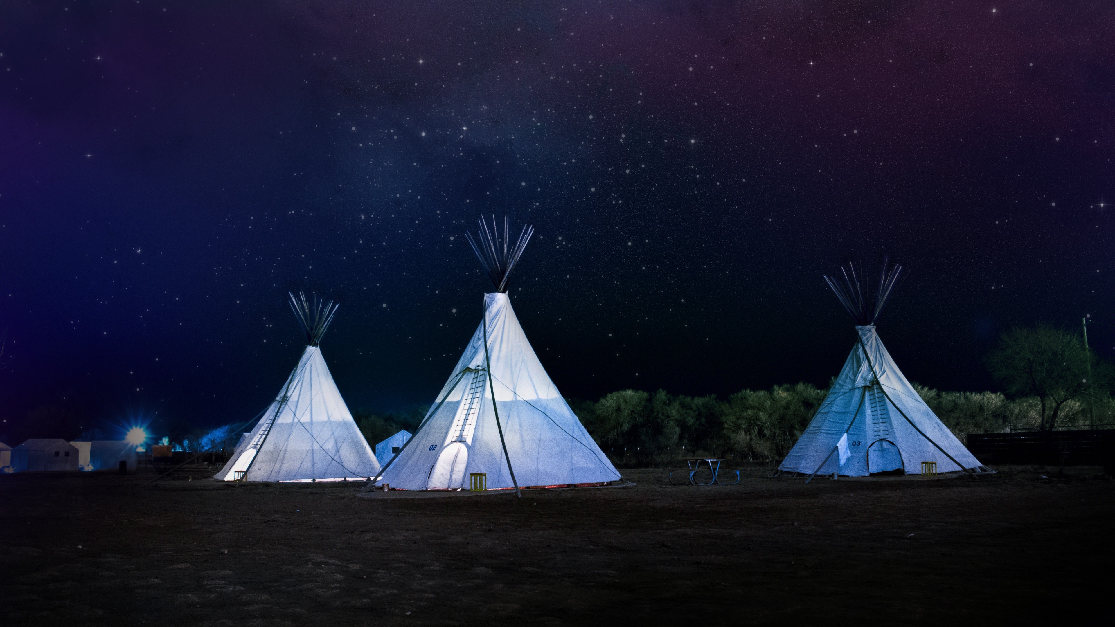 nature, Landscape, Architecture, Trees, Building, Tepee, Night, Stars, Forest, Lights, Tent, Bench Wallpaper