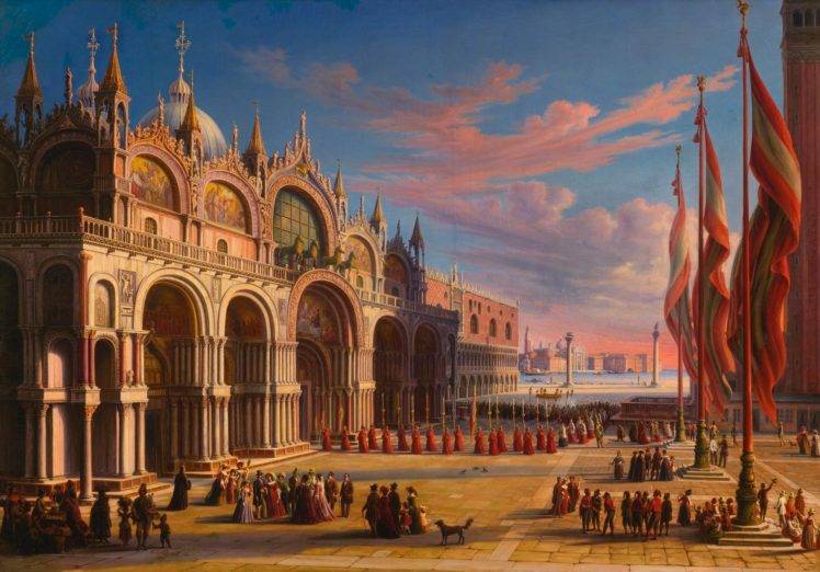 Carl Ludwig Rundt, People, Crowds, Artwork, Painting, Classic art, Traditional art, Venice, Italy, Architecture, Town square, Flag, Clouds HD Wallpaper Desktop Background