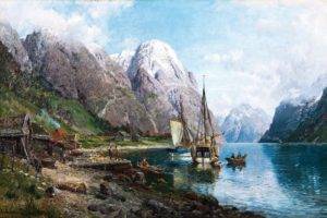 Anders Askevold, People, Artwork, Painting, Classic art, Traditional art, Norway, Nature, Landscape, Ship, Sailing ship, Boat, Mountains, Lake, House, Clouds, Snowy peak