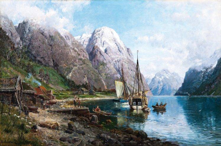 Anders Askevold, People, Artwork, Painting, Classic art, Traditional art, Norway, Nature, Landscape, Ship, Sailing ship, Boat, Mountains, Lake, House, Clouds, Snowy peak HD Wallpaper Desktop Background