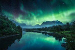 photography, Nature, Landscape, River, Aurora  borealis, Mountains, Starry night, Mist, Trees