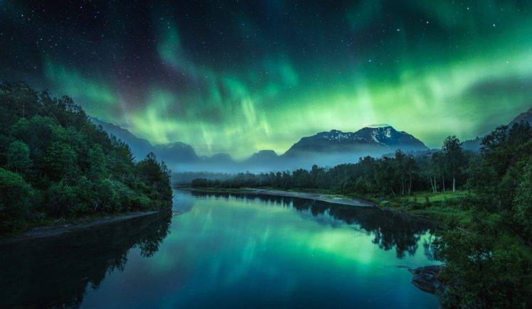 photography, Nature, Landscape, River, Aurora  borealis, Mountains, Starry night, Mist, Trees HD Wallpaper Desktop Background