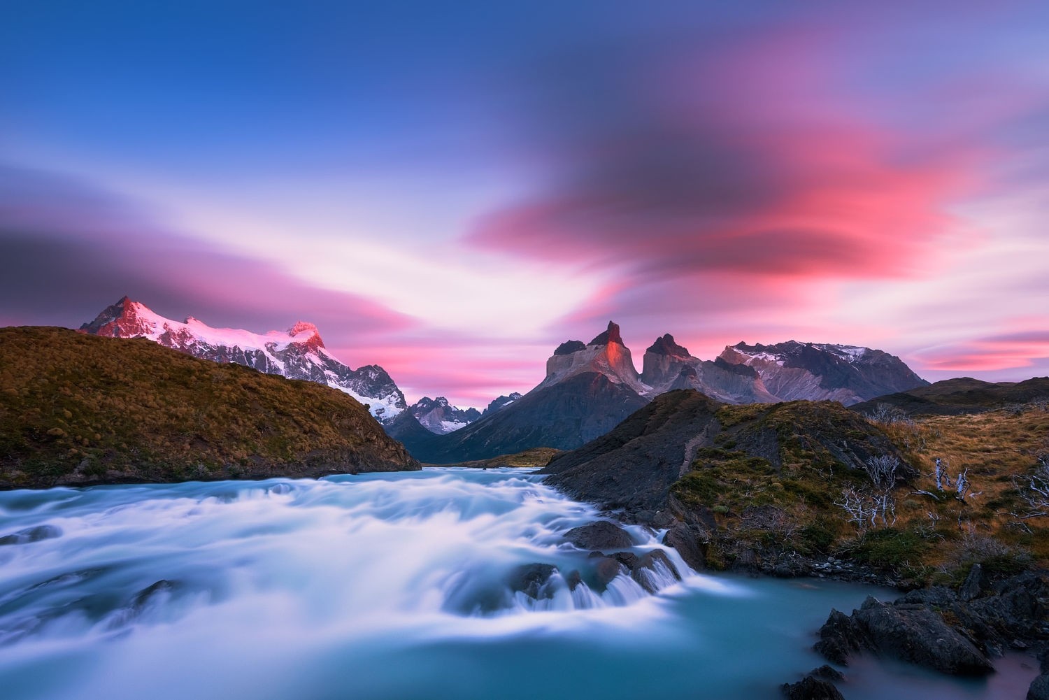 photography, Nature, Landscape, Morning, Sunlight, River, Mountains, Snowy peak, Clouds, Torres del paine national park, Patagonia, Chile Wallpaper