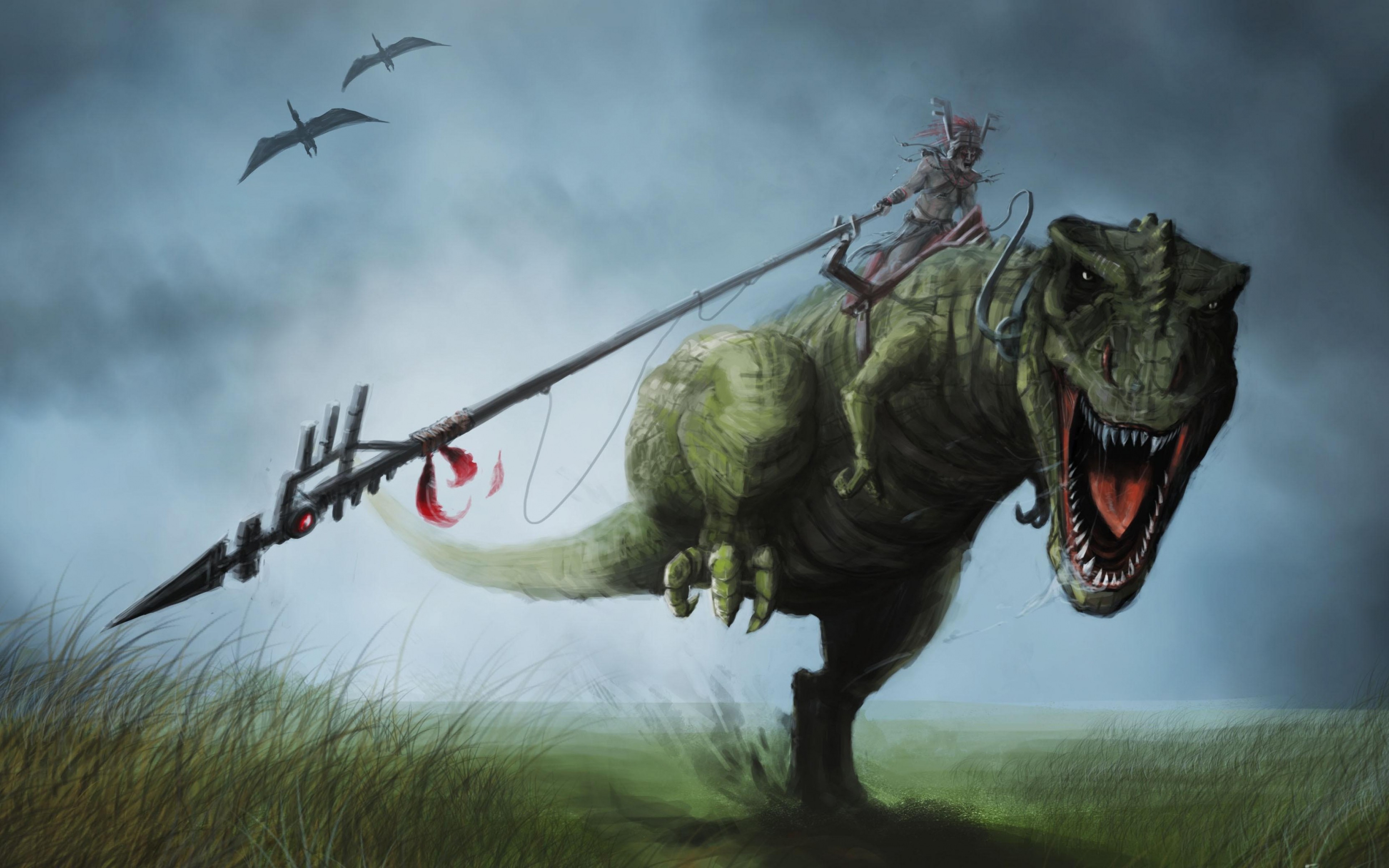 warrior, Artwork, Spear, Dinosaurs, Grass, Birds, Clouds Wallpaper
