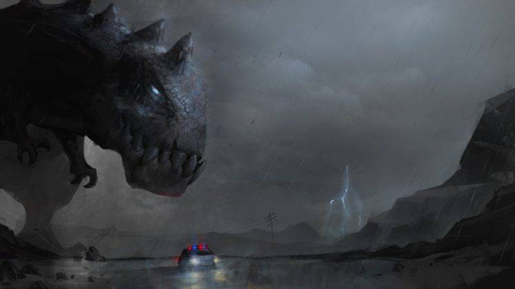 police cars, Dinosaurs, Headlights, Lightning, Landscape, Concept art HD Wallpaper Desktop Background