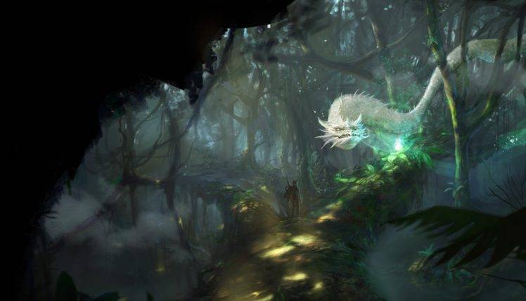 fantasy art, Dragon, Forest, Dappled sunlight HD Wallpaper Desktop Background