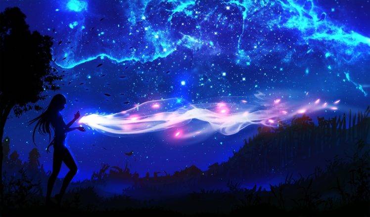 digital art, Landscape, Trees, Night, Sky, Anime girls HD Wallpaper Desktop Background