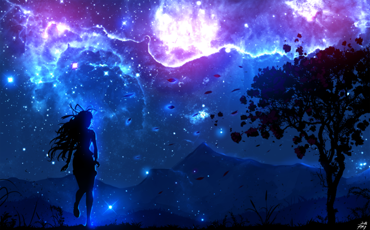 digital art, Landscape, Trees, Night, Anime girls, Sky HD Wallpaper Desktop Background