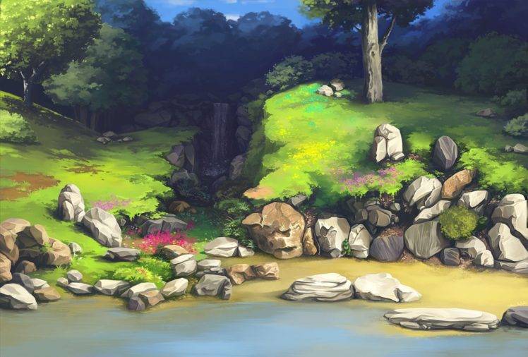 Nobody, Artwork, Digital art, Grass, Trees, Water, Waterfall HD Wallpaper Desktop Background
