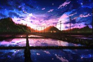 Nobody, Digital art, Landscape, Sunlight, Trees, Building, Clouds, Forest, Moon, Night, Reflection, Sunset, Water, Anime