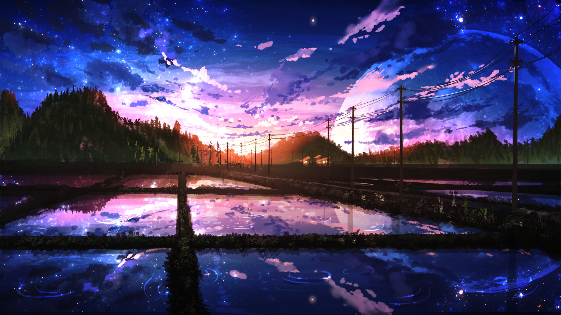 Nobody, Digital art, Landscape, Sunlight, Trees, Building, Clouds, Forest, Moon, Night, Reflection, Sunset, Water, Anime Wallpaper