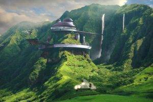 landscape, Futuristic, House, Mountains, Waterfall, Science fiction, Digital art
