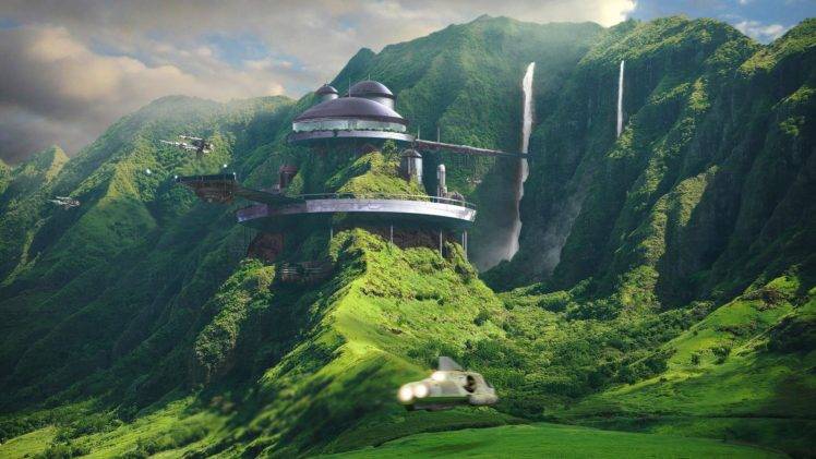 landscape, Futuristic, House, Mountains, Waterfall, Science fiction, Digital art HD Wallpaper Desktop Background