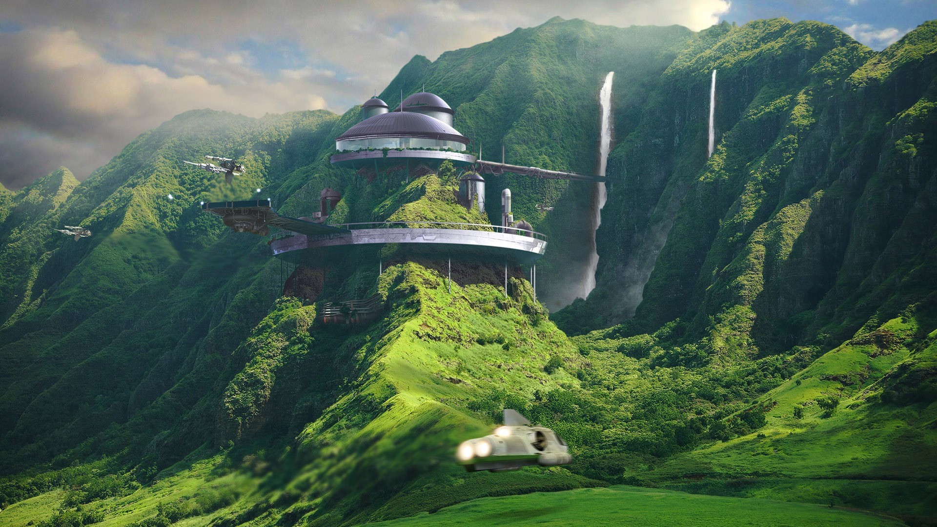 landscape, Futuristic, House, Mountains, Waterfall, Science fiction