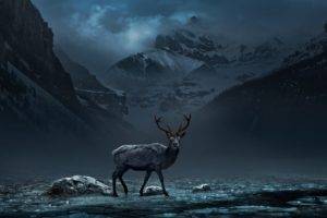 red eyes, Nature, Animals, Deer, Mountains, Digital art, Trees, Forest, Clouds, Night