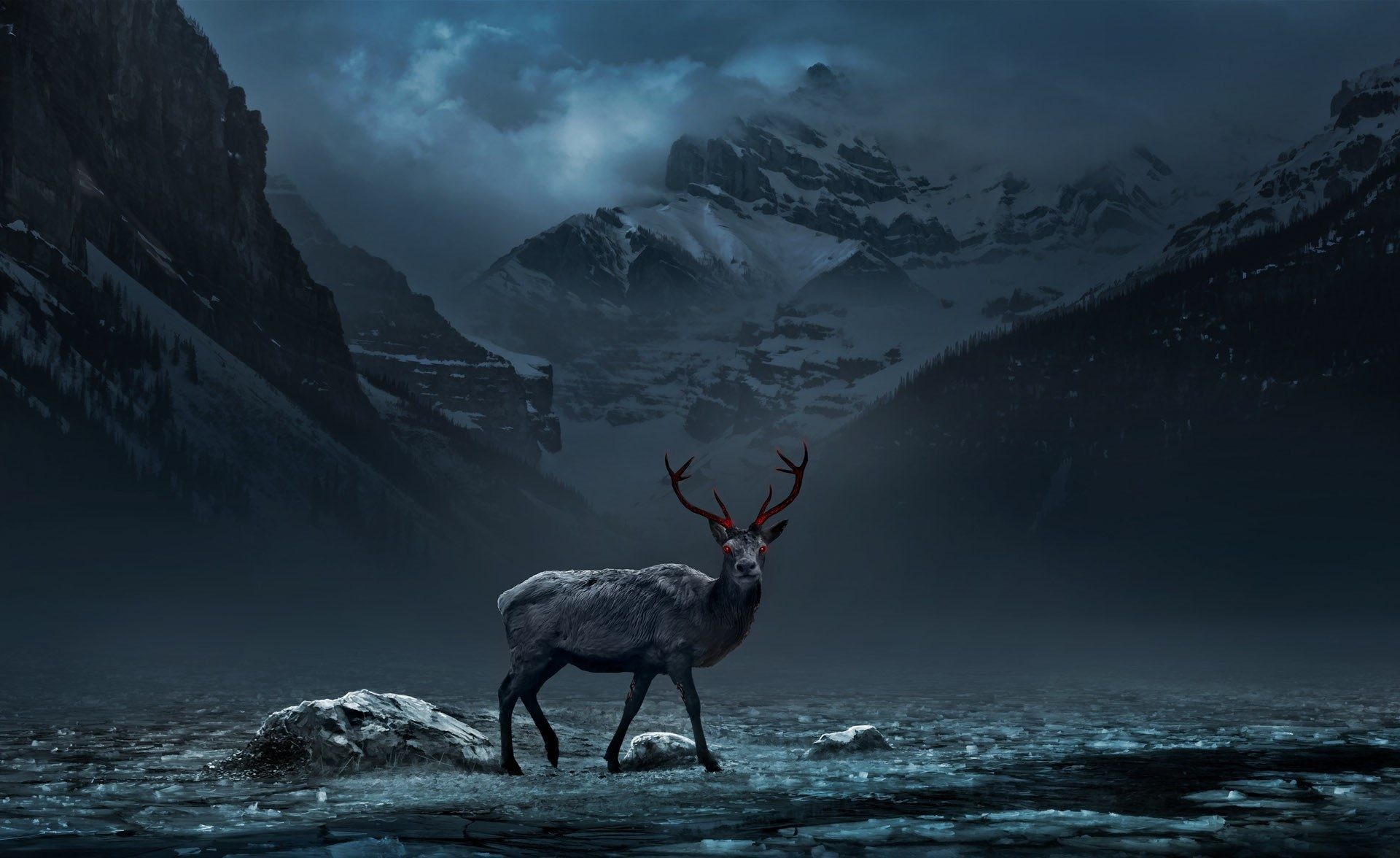 red eyes, Nature, Animals, Deer, Mountains, Digital art, Trees, Forest, Clouds, Night Wallpaper