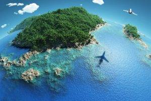 nature, Landscape, Sea, Coast, Island, Photo manipulation, Coral reef, Fisheye lens, Clouds, Trees, Forest, Airplane, Shadow, Aerial view