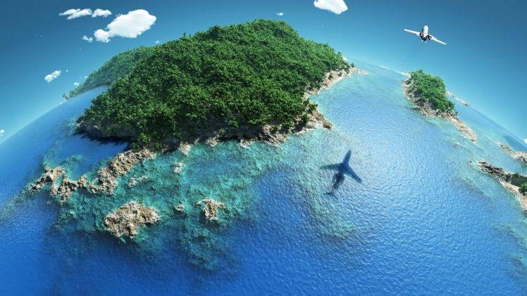 nature, Landscape, Sea, Coast, Island, Photo manipulation, Coral reef, Fisheye lens, Clouds, Trees, Forest, Airplane, Shadow, Aerial view HD Wallpaper Desktop Background