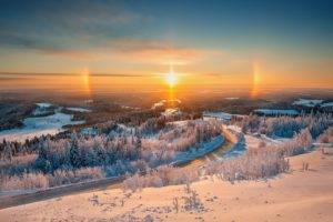 landscape, Sun rays, Snow