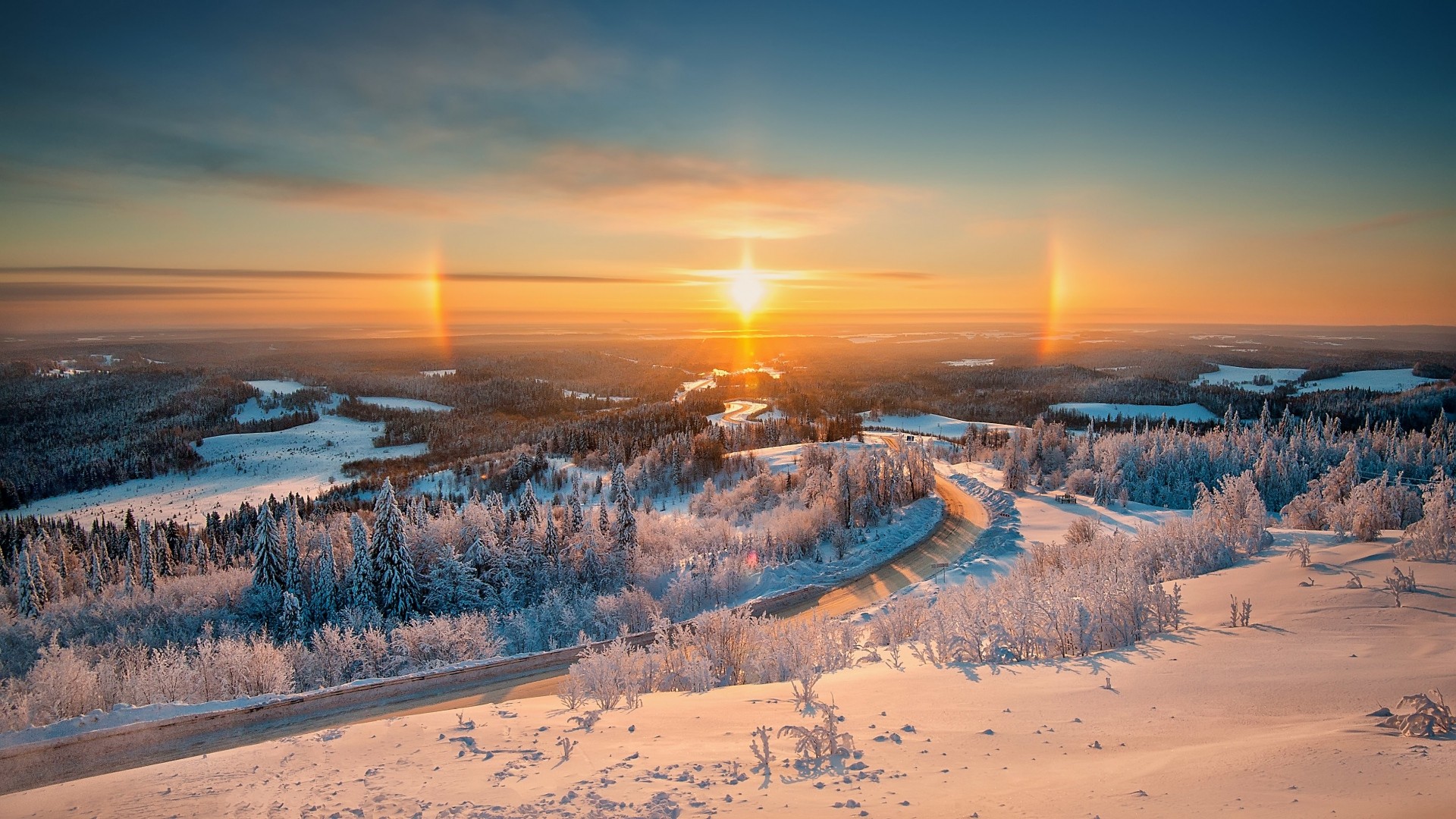 landscape, Sun rays, Snow Wallpaper