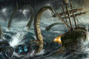 artwork, Fantasy art, Rain, Sea, Tentacles, Sea monsters, Sailing ship
