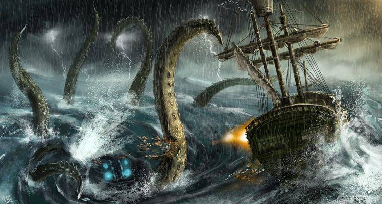 artwork, Fantasy art, Rain, Sea, Tentacles, Sea monsters, Sailing ship HD Wallpaper Desktop Background