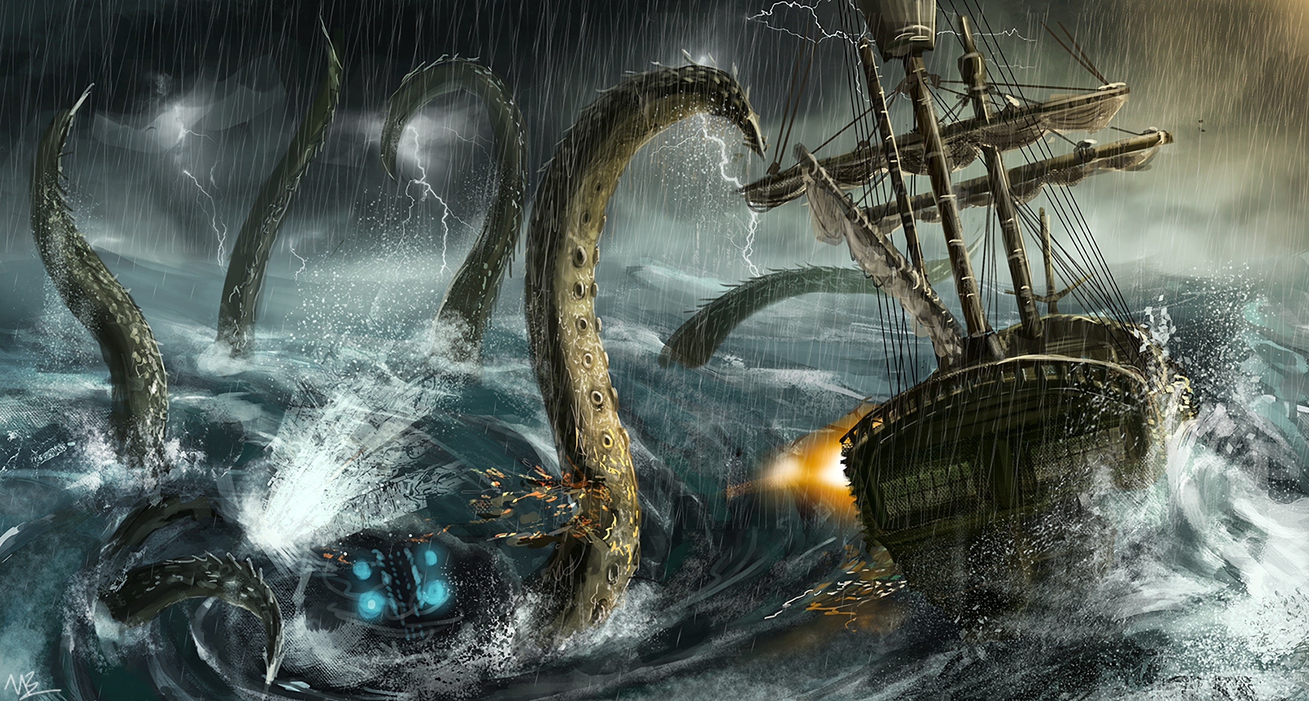 artwork, Fantasy art, Rain, Sea, Tentacles, Sea monsters, Sailing ship Wallpaper