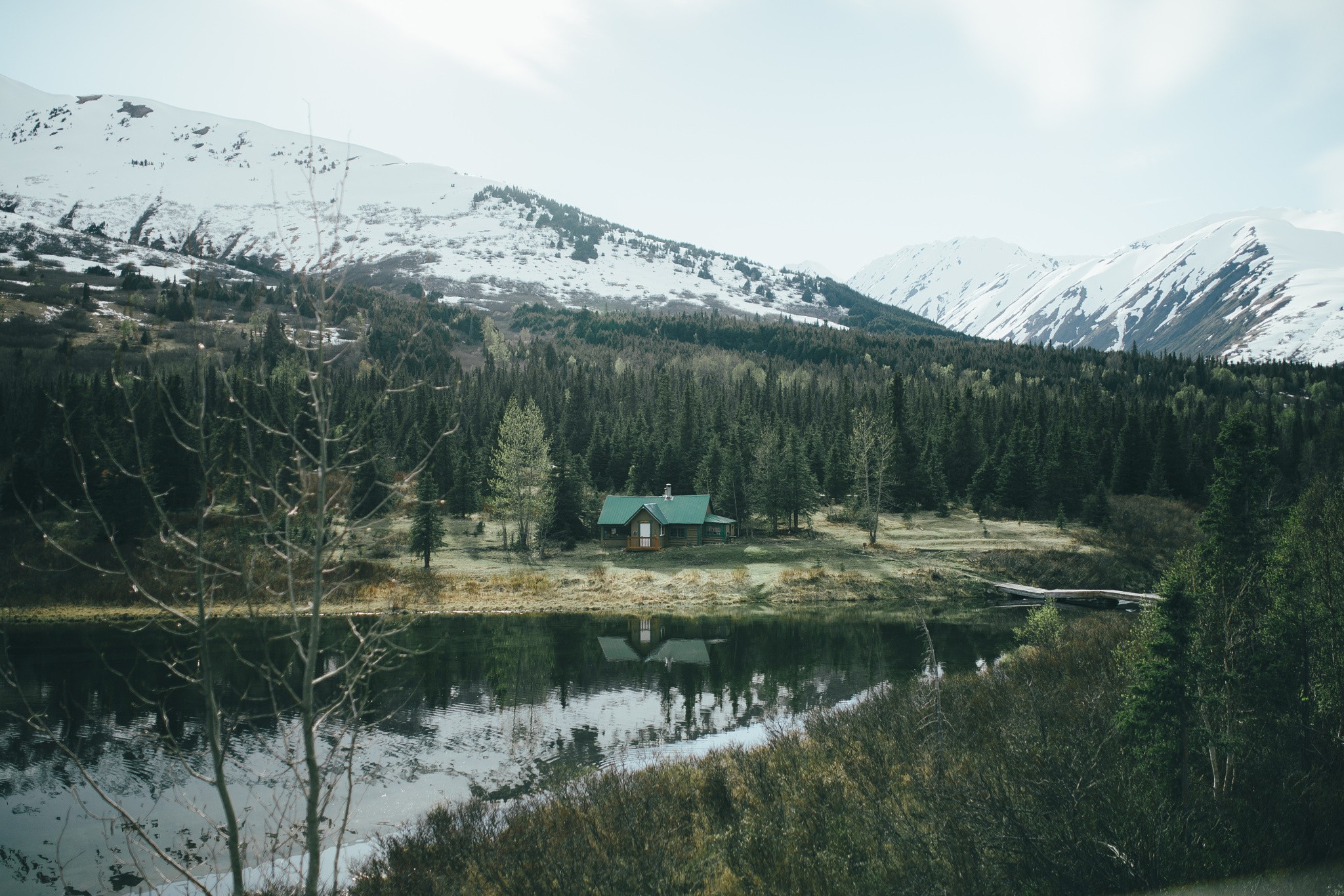 mountains, Nature, Lake, Forest, Snow, House, Trees Wallpaper