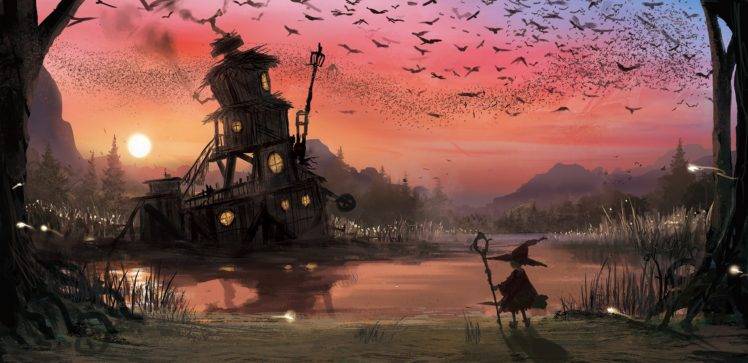 witch, Artwork, Fantasy art, Sunset, Birds, Sky, Pond HD Wallpaper Desktop Background