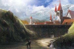 knight, Artwork, Fantasy art, Castle, Mountains, Horse, Birds, Wall, Clouds, Sky