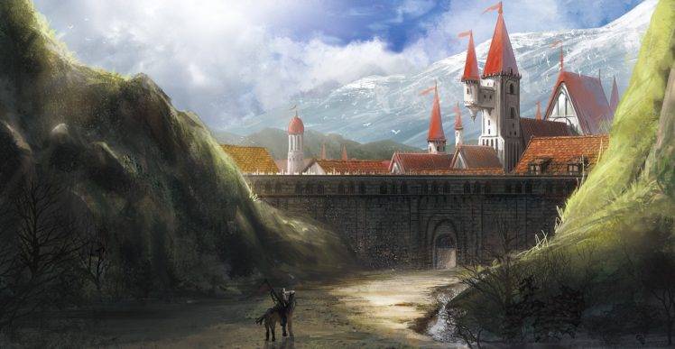 knight, Artwork, Fantasy art, Castle, Mountains, Horse, Birds, Wall, Clouds, Sky HD Wallpaper Desktop Background