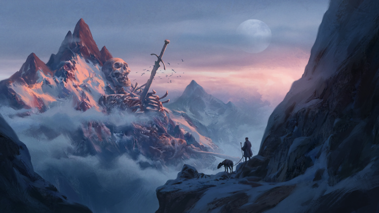 mountains, Giant, Sword, Skeleton, Bones, Clouds, Snow, Mist, Skull, Fantasy art HD Wallpaper Desktop Background