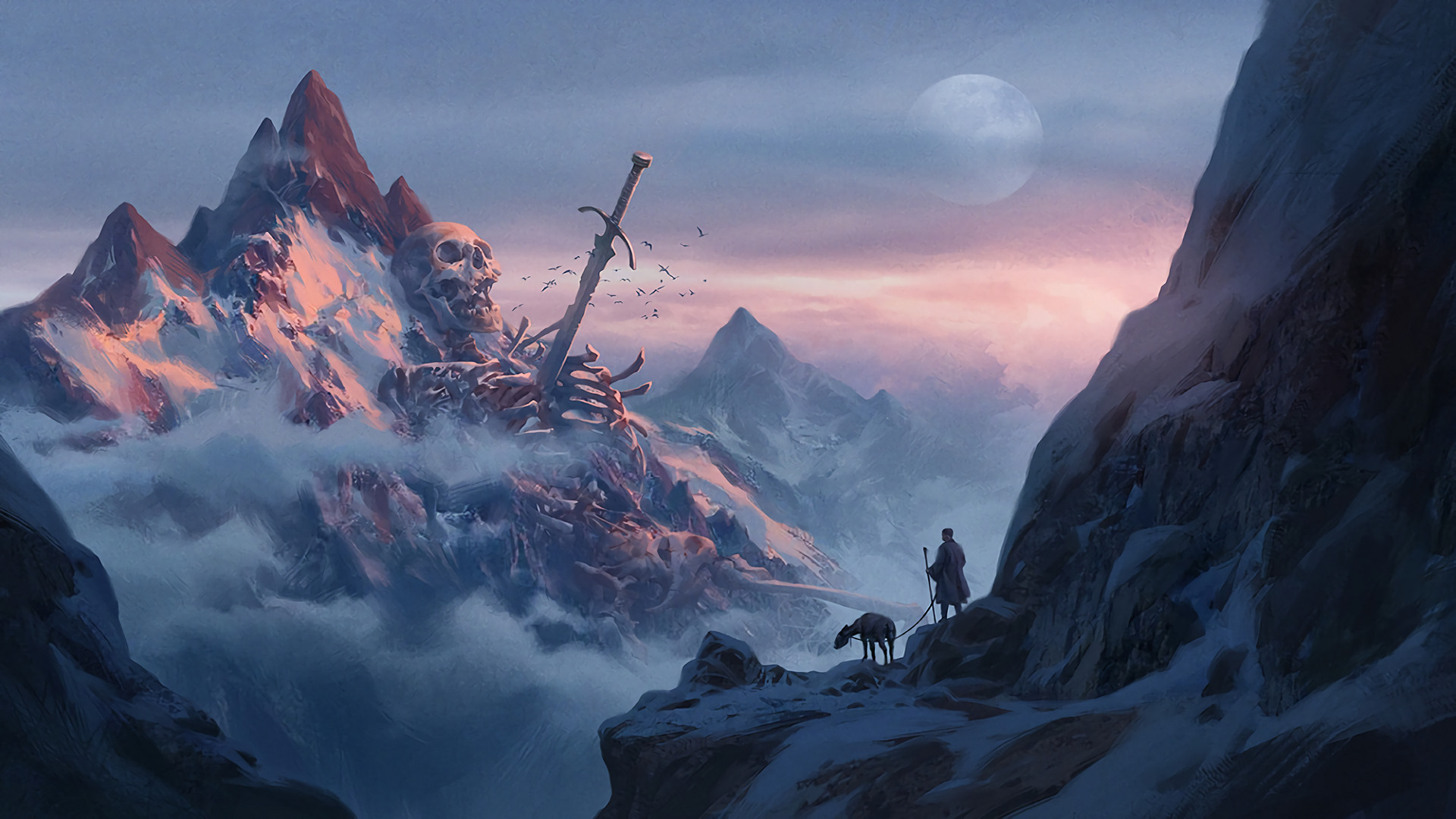 mountains, Giant, Sword, Skeleton, Bones, Clouds, Snow, Mist, Skull, Fantasy art Wallpaper
