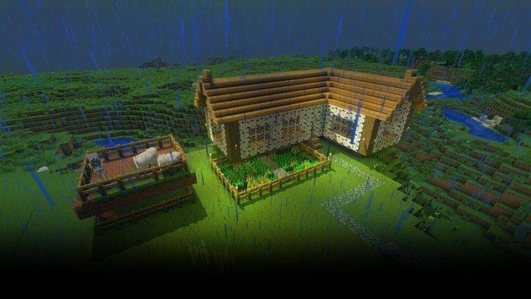Minecraft, Rain, Cottage, Farm, Landscape HD Wallpaper Desktop Background