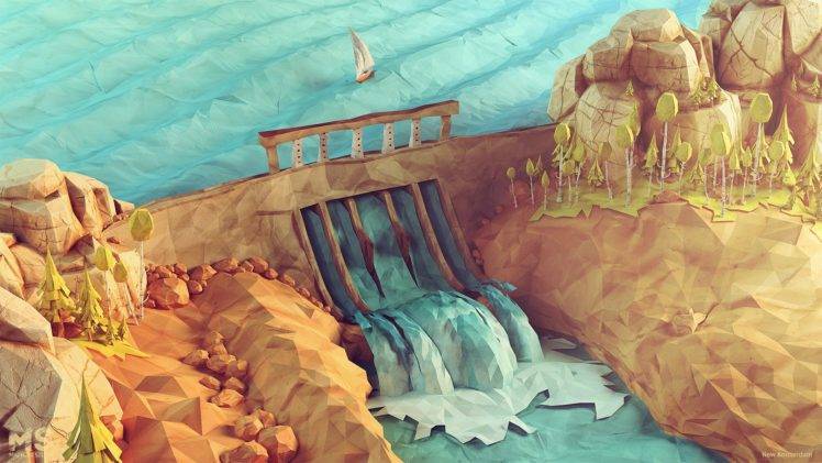 Mateusz Szulik, Digital art, Nature, Landscape, Low poly, 3D, Rock, Power plant, Waterfall, Yachts, Dam, Trees HD Wallpaper Desktop Background