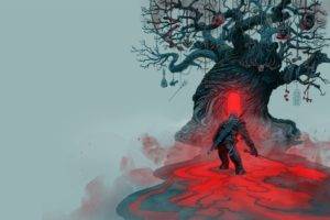 warrior, Geralt of Rivia, Digital art, Nature, Landscape, Video games, The Witcher 3: Wild Hunt, Trees, Skull, Ropes, Sword, The Witcher, Spoons, Keys, Bones