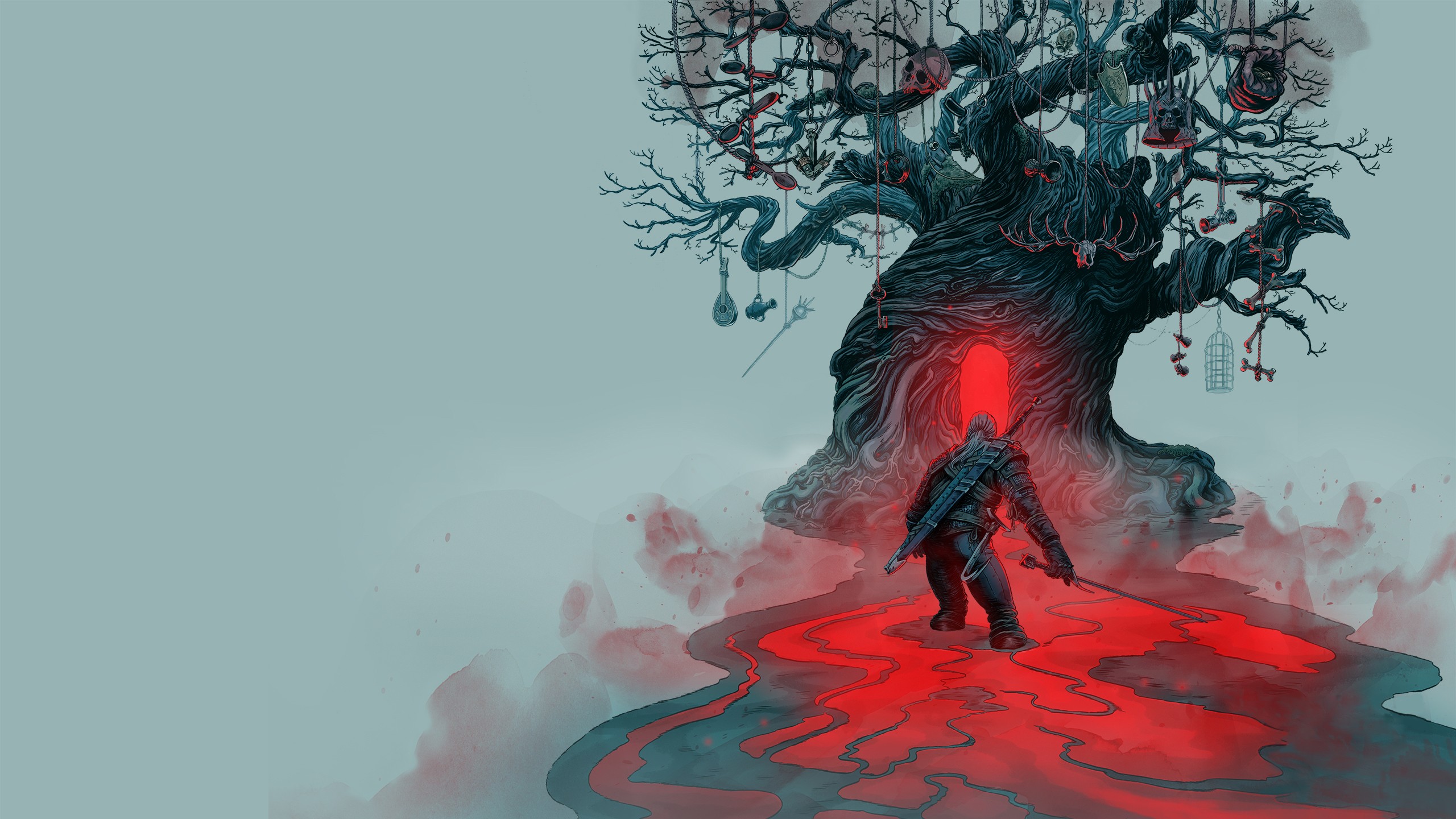 warrior, Geralt of Rivia, Digital art, Nature, Landscape, Video games, The Witcher 3: Wild Hunt, Trees, Skull, Ropes, Sword, The Witcher, Spoons, Keys, Bones Wallpaper