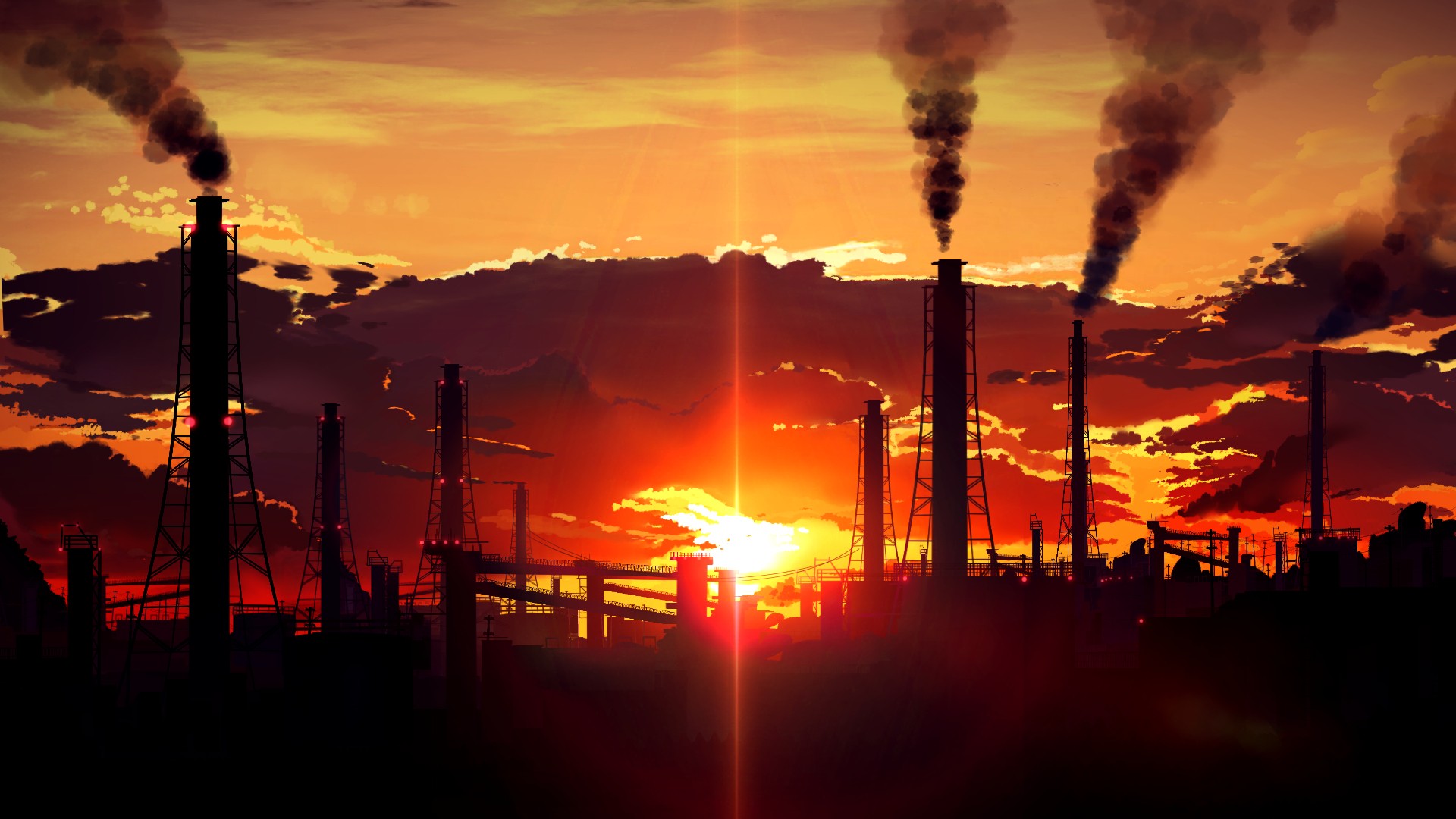 sunset, Factory tubes, Smoke, Industrial Wallpaper