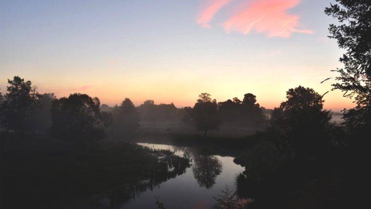 Justyna Ferska, Landscape, River, Morning, Sun, Clear sky, Oak trees, Forest, Photography, Poland HD Wallpaper Desktop Background