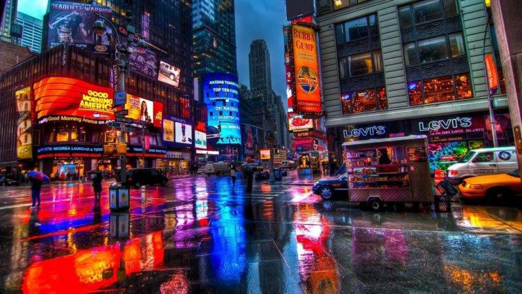 New York City, Time Square, Rain, Colorful, Lights, Car, New York Taxi HD Wallpaper Desktop Background