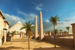 The Talos Principle, Screen shot, Video games, Pyramid, Obelisk, Palm trees, Egypt, Egyptian, Sand, Sky