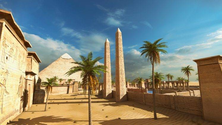 The Talos Principle, Screen shot, Video games, Pyramid, Obelisk, Palm trees, Egypt, Egyptian, Sand, Sky HD Wallpaper Desktop Background