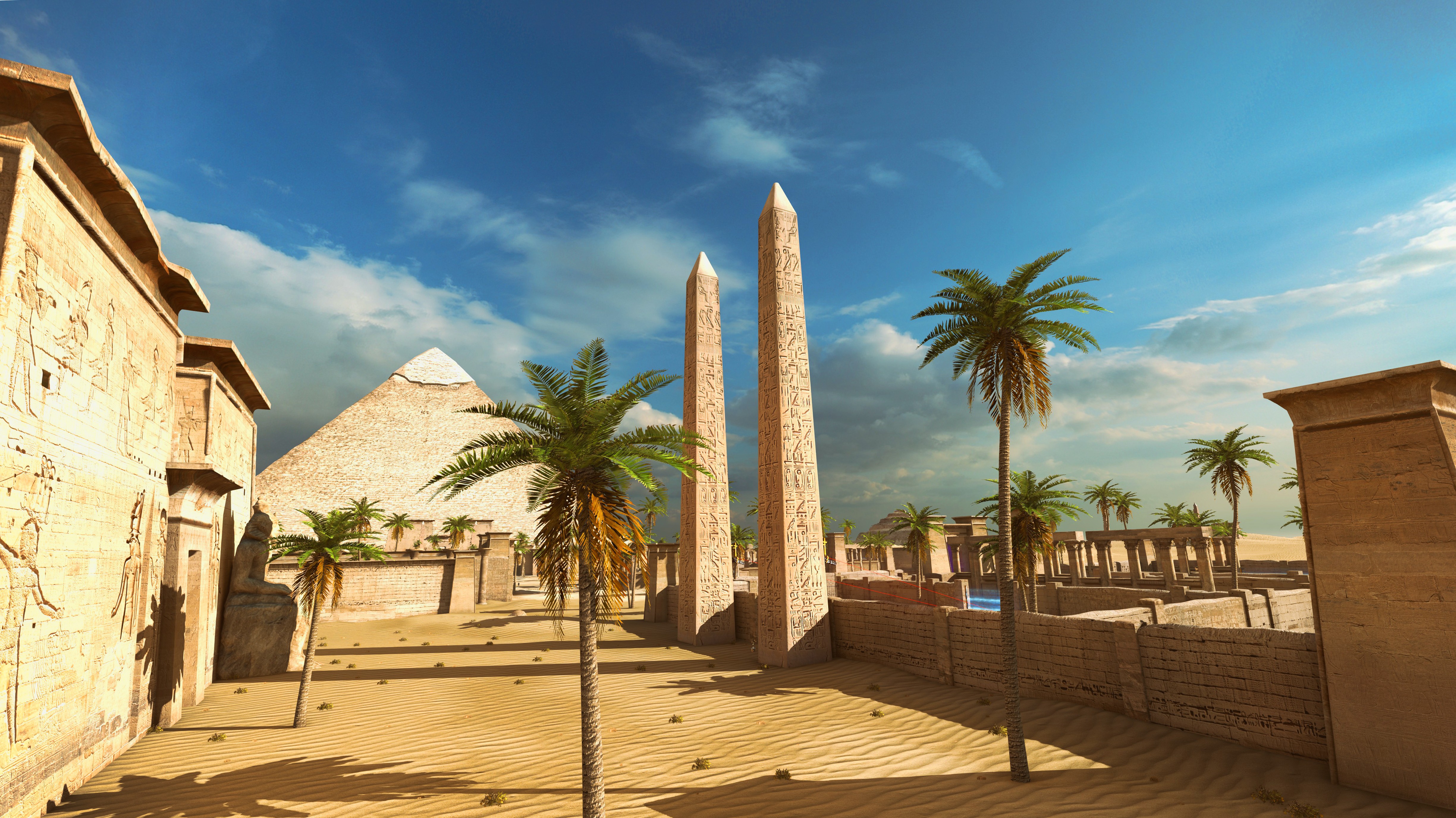 The Talos Principle, Screen shot, Video games, Pyramid, Obelisk, Palm trees, Egypt, Egyptian, Sand, Sky Wallpaper